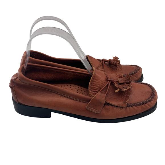 Dexter Comfort Brown Leather Tassel Fringe Block Heel Slip On Loafer Shoes - Picture 2 of 11